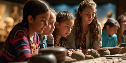 Fototapeta premium Group Of Students And Teacher Explore Historical Artifacts In Museum