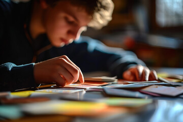 Teenager Studies With Flashcards, Preparing For Test - obrazy, fototapety, plakaty