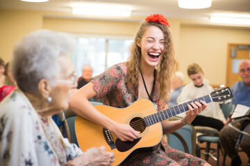 Volunteer Engages With Residents Through Reading Or Playing Music In Nursing Home - obrazy, fototapety, plakaty