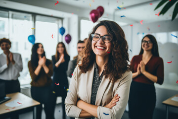 Woman Celebrates Her Promotion With Colleagues In The Office - obrazy, fototapety, plakaty