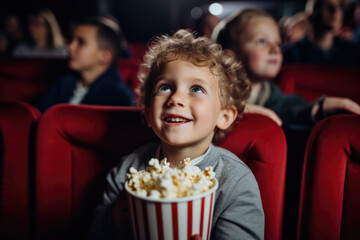 Captivated Child Displays Emotions While Clutching Popcorn Bucket