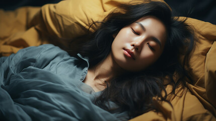 Fototapeta premium Woman sleeping. High angle view of beautiful young woman lying in bed and keeping eyes closed while covered with blanket.