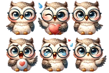 Photo sur Plexiglas Dessins animés de hibou set of watercolor cute owl ,Gestures and emotions, illustration Decor cut out transparent isolated on white background ,PNG file ,artwork graphic design.