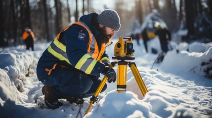 Fotobehang survey engineer in construction site use theodolite mark a concrete pile co ordinate © alexkich
