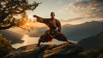 Bald man in traditional clothes on rock pose and meditating during kung fu training in mountain - obrazy, fototapety, plakaty