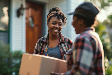Postman Delivering Package To Happy Black Womans Home