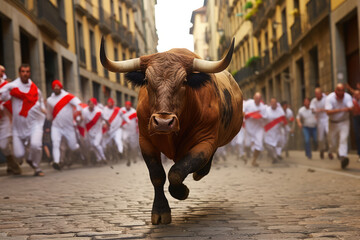 Running Of Bulls In Pamplona Traditional Event During Festival