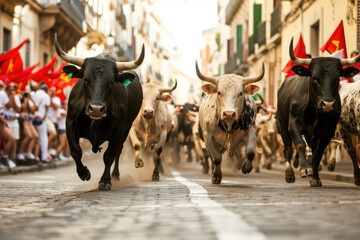 Running Of Bulls In Pamplona, Traditional Festival - obrazy, fototapety, plakaty