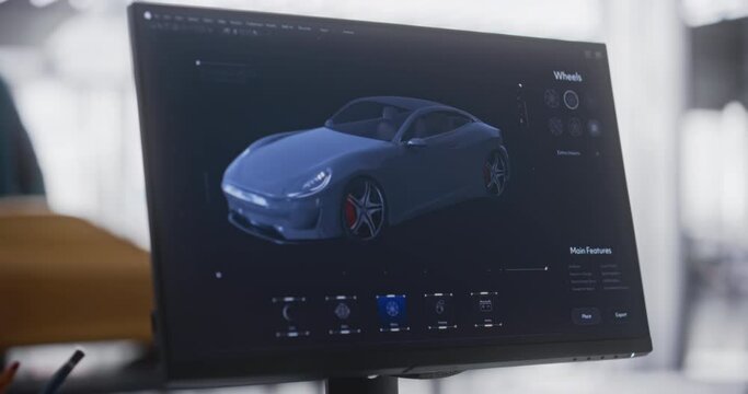 Close Up Computer Screen with 3D Customization Software for a Prototype Car. Gaming Experience for a Person Choosing Different Wheel Options for a Modern Automobile in a Vehicle Dealership Center
