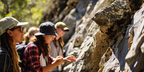 Students On Geology Field Trip Examine Rock Formations - obrazy, fototapety, plakaty