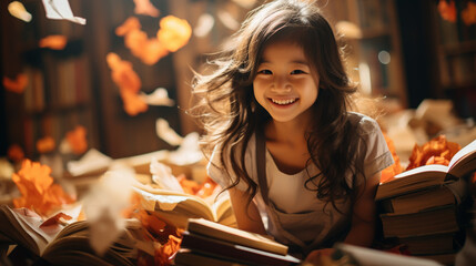 Happy smart kid sitting between two piles of books. Reading a book