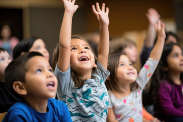 Fototapeta premium Students Raising Hands In Elementary School Class Photorealism