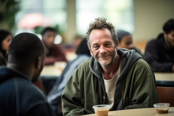 Diverse Group Of Individuals Gathered With White Homeless Man In Shelter Dining Hall