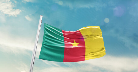 Cameroon national flag cloth fabric waving on the sky - Image