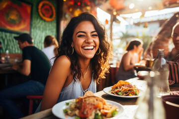 Young Mexican Woman Enjoying Tacos At Outdoor Mexica Restaurant