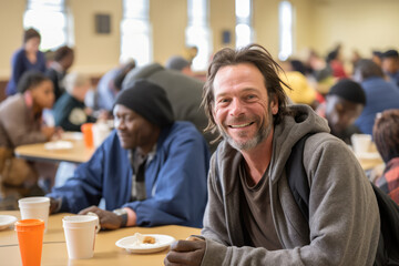 Diverse Group Of Homeless Individuals Gather In Shelter Dining Hall - obrazy, fototapety, plakaty