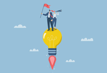 Ideas towards goals, innovation or creative new thinking encourages business to reach goals, male businessman holds winner flag riding light bulb idea flying into the sky. Vector design illustration. - obrazy, fototapety, plakaty