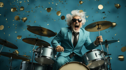 Portrait of retired pensioner retired people play drum drumstick