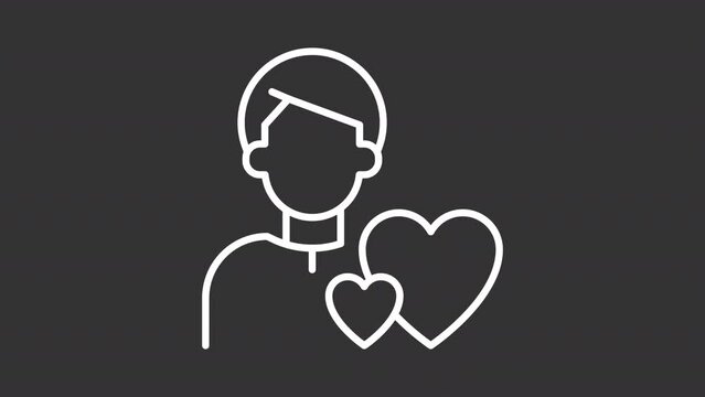2D white simple thin line animation of male lover icon, HD video with transparent background, seamless loop 4K video representing archetypes.