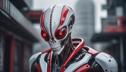 red white  Alien Cyborg Blurs Lines in Urban Landscape