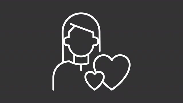 2D white simple thin line animation of female lover icon, HD video with transparent background, seamless loop 4K video representing archetypes.
