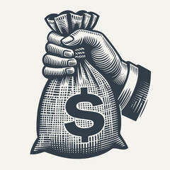Hand holding a money bag with dollar symbol. Hand drawn vintage engraving style woodcut vector illustration.	
 - obrazy, fototapety, plakaty