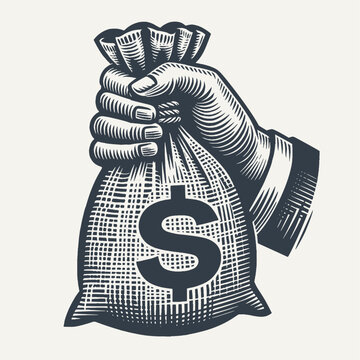 Hand holding a money bag with dollar symbol. Hand drawn vintage engraving style woodcut vector illustration.	
