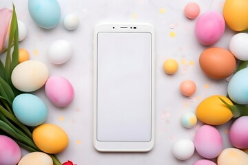 blank screen mobile phone with easter eggs isolated on white, top view , Generative AI - Powered by Adobe