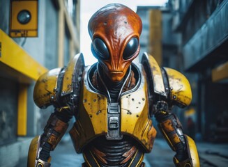 rust and yellow  Alien Cyborg Roams City Sidewalks