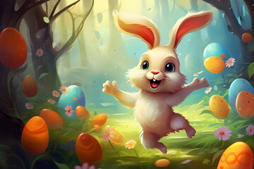easter rabbit dancing on field with easter eggs , Generative AI