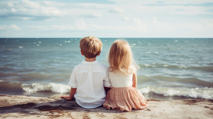 Young kids sitting on beach.