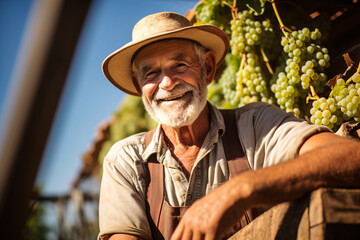 Portrait of a wine grower next to grapevines, depicting the concept of wine farming and production