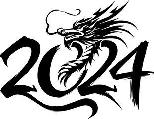 2024 Year of the Dragon - New Year - Happy New Year. Year of the Blue Dragon. Dragon and 2024 letters isolated on white background