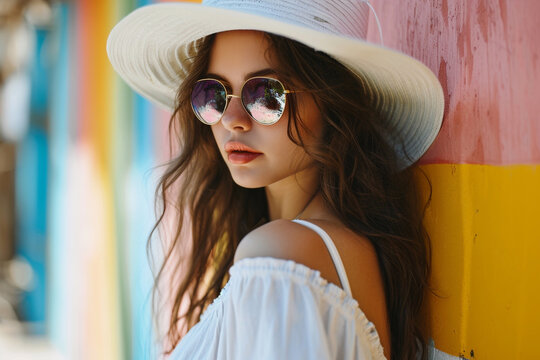 A young, beautiful woman in a beautiful outfit with glasses on the sandy seashore, sun, heat