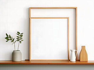 Empty mockup poster frame on wooden shelf