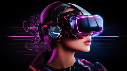 Woman with glasses of virtual reality. Future technology concept. Colorful neon lights.