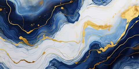 The background is blue, white marble and golden lines.
