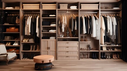 Big wardrobe with clothes in dressing room - obrazy, fototapety, plakaty
