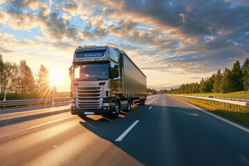 A large modern truck drives along a highway outside the city in the sunlight