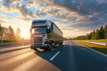 Foto op Canvas A large modern truck drives along a highway outside the city in the sunlight © Александр Довянский