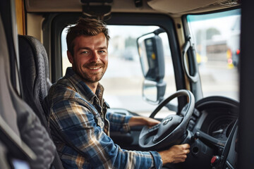 Professional male truck driver smiling in truck cab