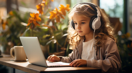 Pretty schoolgirl at a desk, immersed in an online learning session with her laptop, wearing headphones