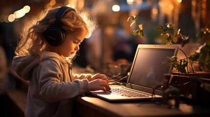 Pretty schoolgirl at a desk, immersed in an online learning session with her laptop, wearing headphones