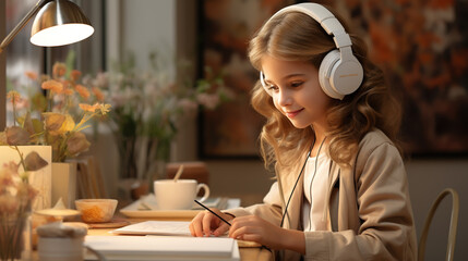 Pretty schoolgirl at a desk, immersed in an online learning session with her laptop, wearing headphones