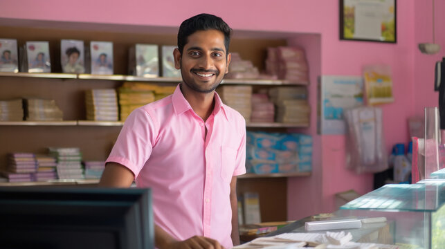 Young and confident indian male shop owner
