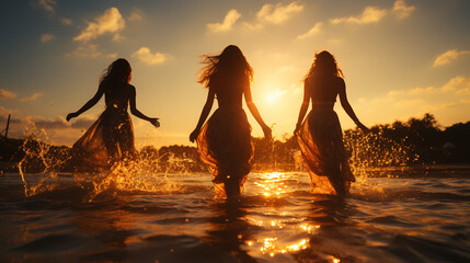 Group of happy young friends are having fun and embracing at sunset beach