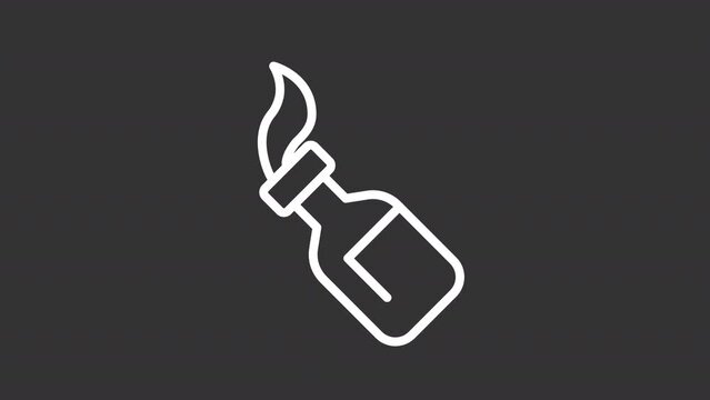 2D white simple thin line animation of molotov cocktail icon, HD video with transparent background, seamless loop 4K video representing archetypes.