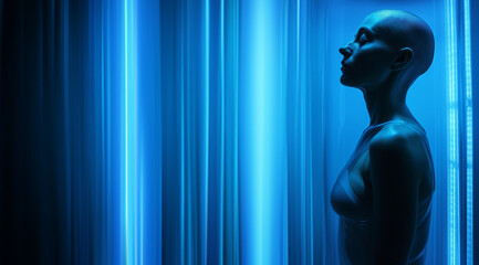 Cryo Convergence - Where Dreams and Tech Collide - Woman in a cryogenic chamber tube - Blue glow - Sci-fi concept - Technology concept - Futuristic Concept - Medical Science Concept