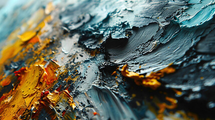 Closeup of an abstract expressionist painting, featuring bold brush strokes and a palette of dark blue, gold, grey,