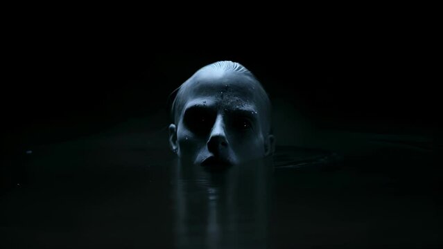 A ghostly face emerging from a pool of inky darkness expressionless and unblinking.